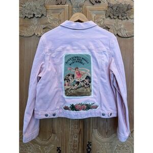 Upcycled Pink Denim Jacket XL – Vintage Circus Patch + Roses One of a Kind
